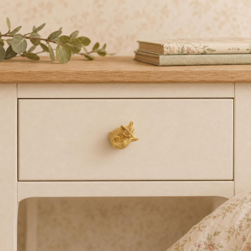 Solid Brass Sleeping Fox Cabinet Knob, Woodland Nursery Dresser Handle, Antique Brass