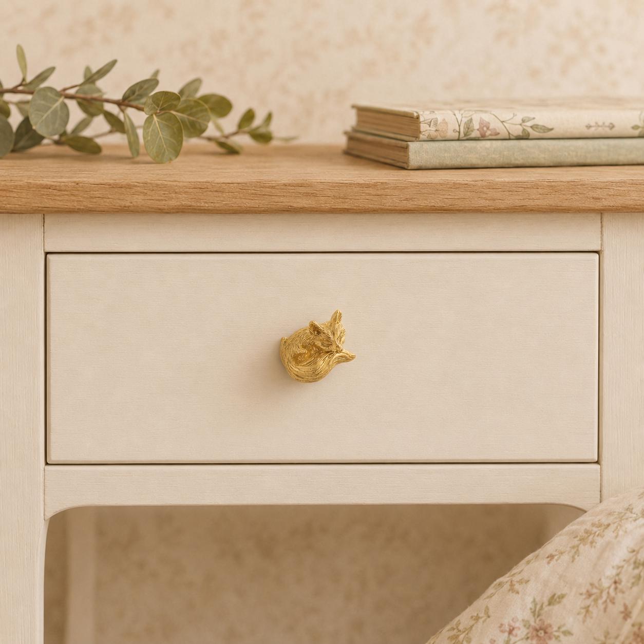 Solid Brass Sleeping Fox Cabinet Knob, Woodland Nursery Dresser Handle, Antique Brass
