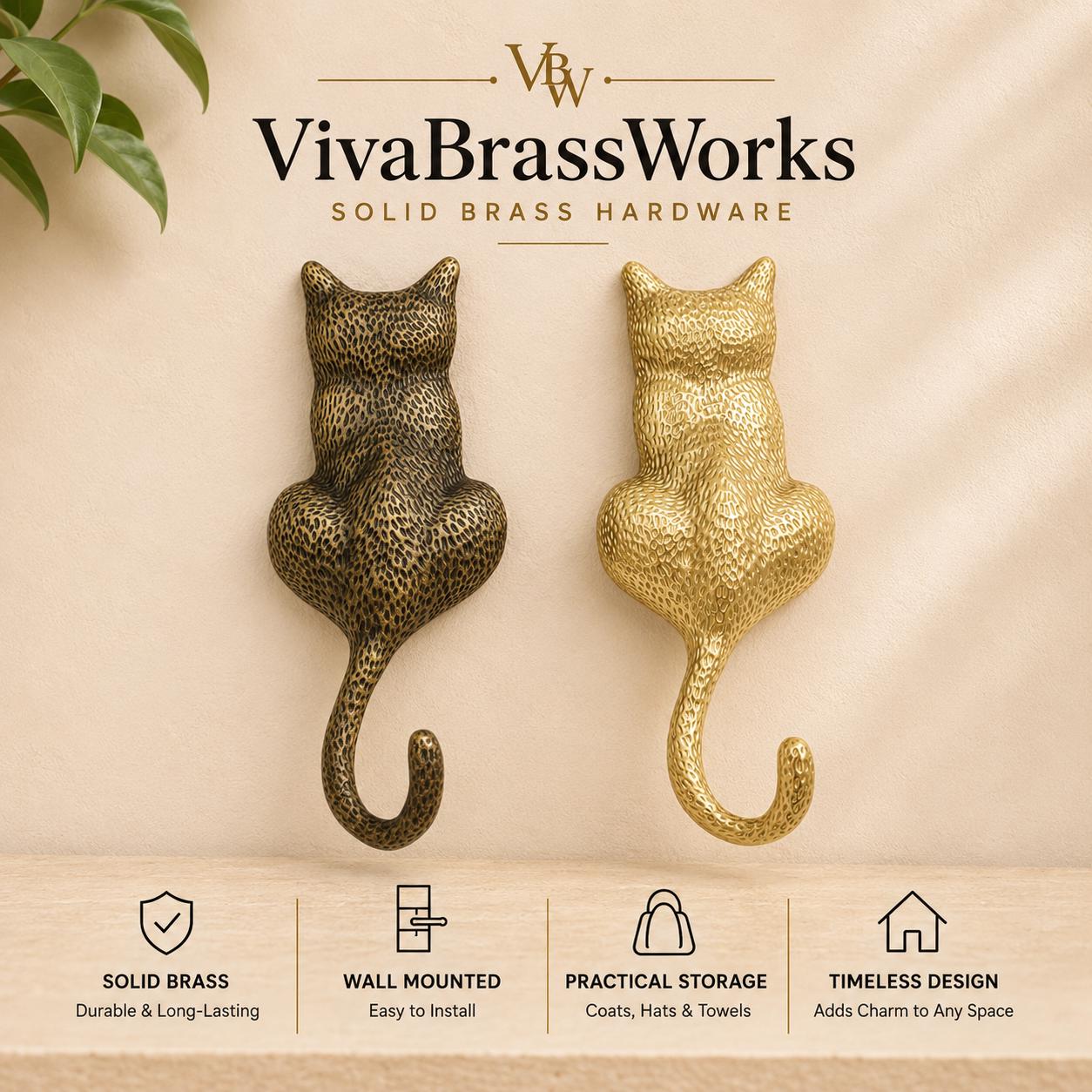 Solid Brass Cat Tail Wall Hook, Vintage Animal Coat Hanger, Decorative Entryway Storage