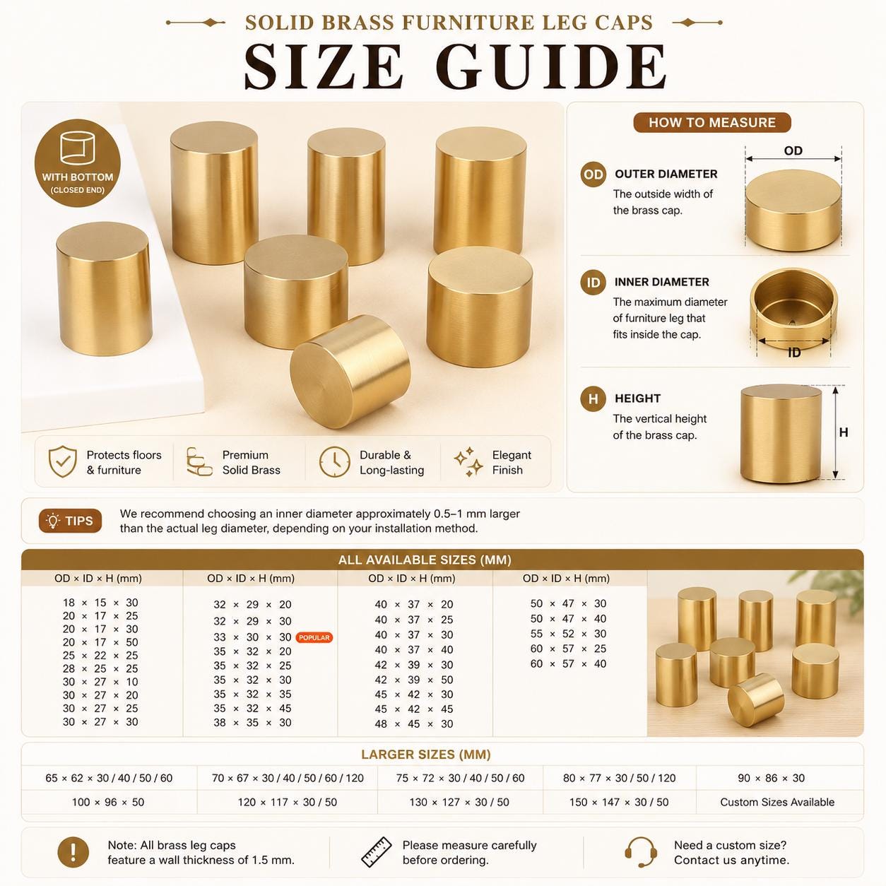 Solid Brass Furniture Leg Caps, Closed-End Ferrules for Wooden Tables, Chairs