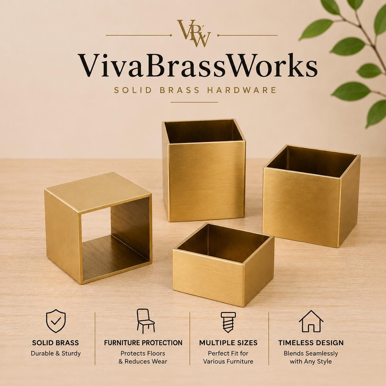 Custom Solid Brass Square Furniture Ferrules, Made-to-Measure Table Leg Caps