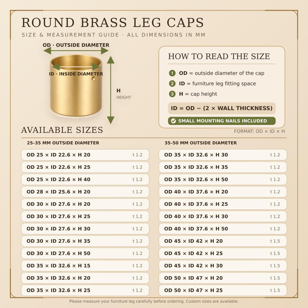 Solid Brass Round Furniture Leg Caps, Brushed Finish, Floor Protection, Custom Size
