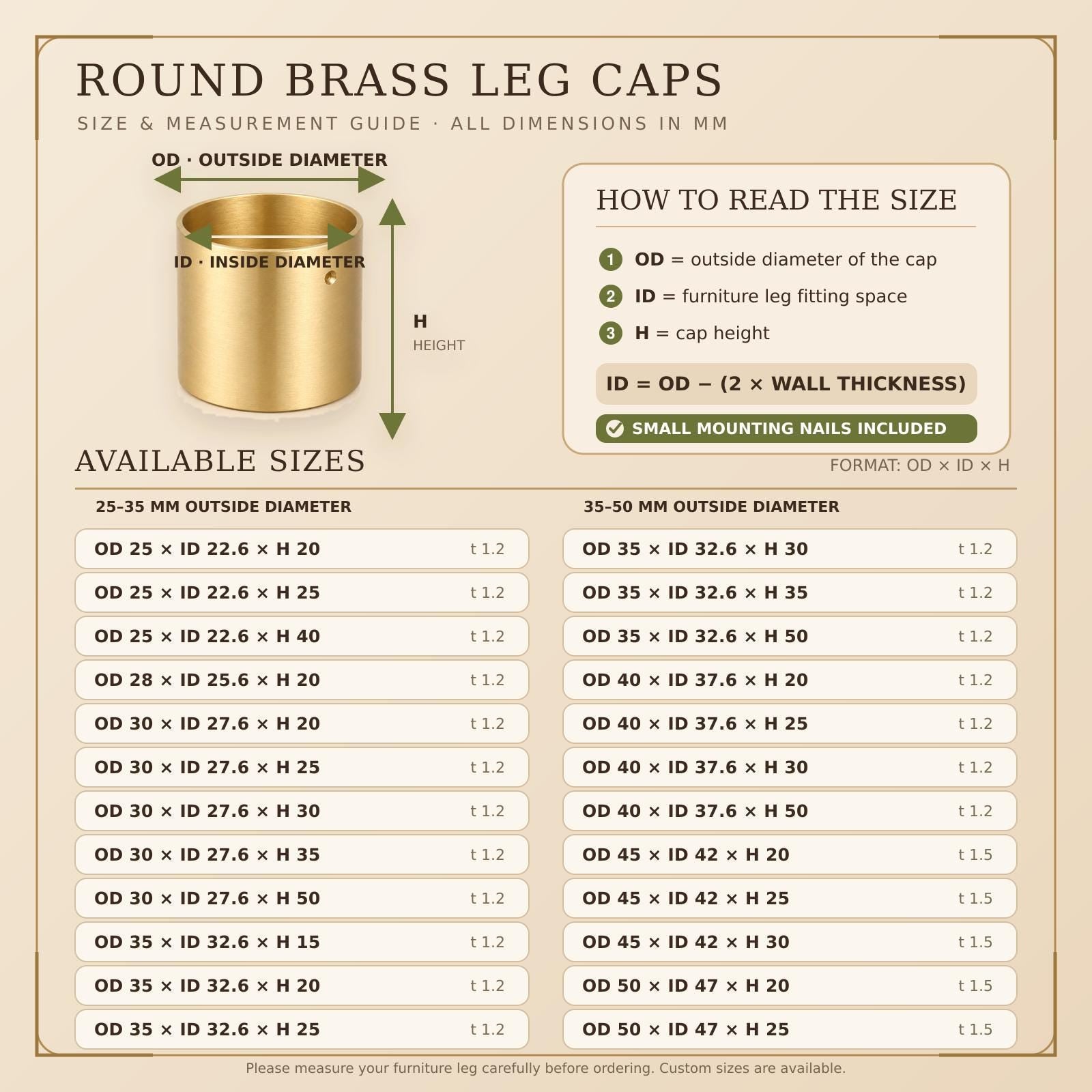 Solid Brass Round Furniture Leg Caps, Brushed Finish, Floor Protection, Custom Size