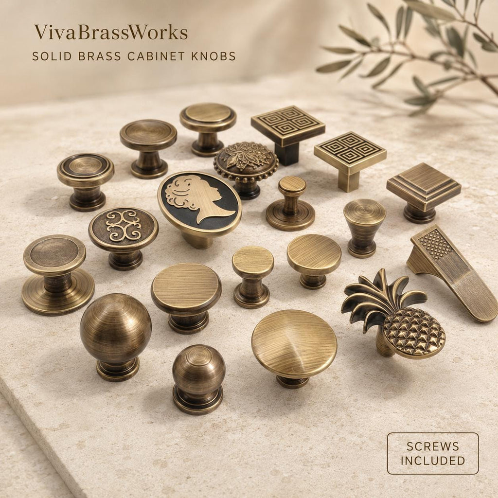 Solid Brass Cabinet Knobs, Antique Drawer Pulls, Vintage Dresser Handles, Single Hole Hardware