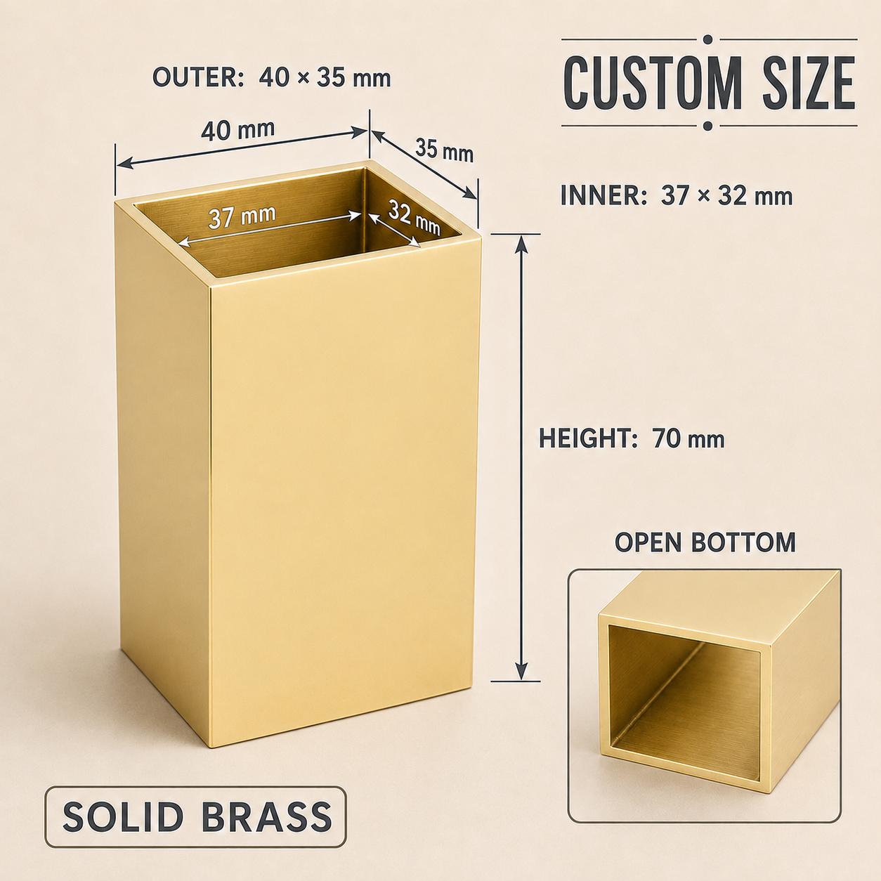 Custom Solid Brass Square Furniture Ferrules, Made-to-Measure Table Leg Caps