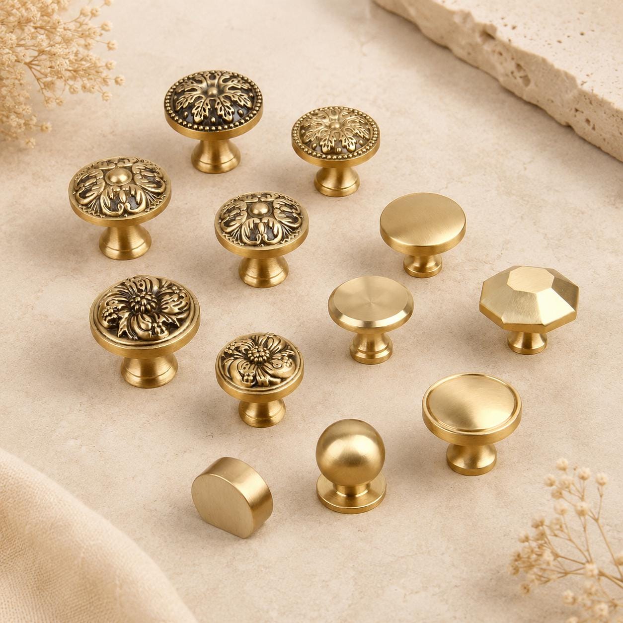 Solid Brass Cabinet Knobs, Brushed Gold Furniture Hardware, Antique Style Drawer Pulls