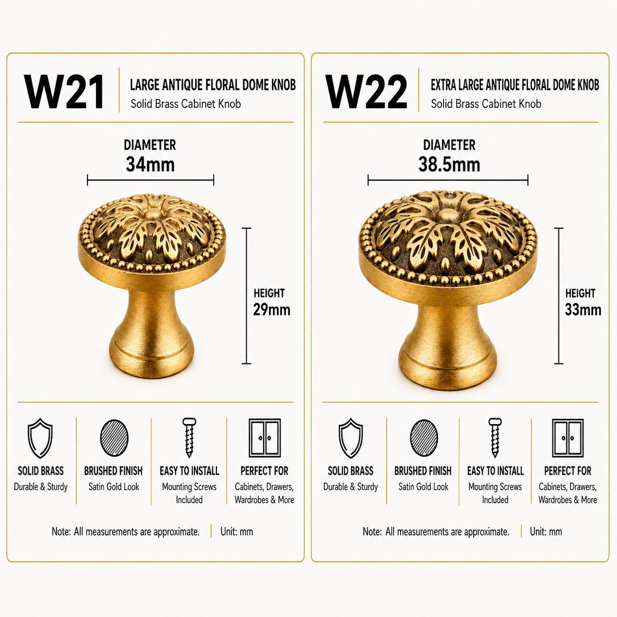 Solid Brass Cabinet Knobs, Brushed Gold Furniture Hardware, Antique Style Drawer Pulls