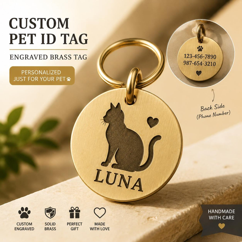 Custom Solid Brass Pet ID Tag, Silhouette Engraved Dog Cat Collar Tag
