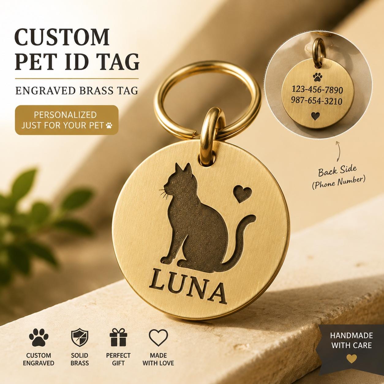 Custom Solid Brass Pet ID Tag, Silhouette Engraved Dog Cat Collar Tag