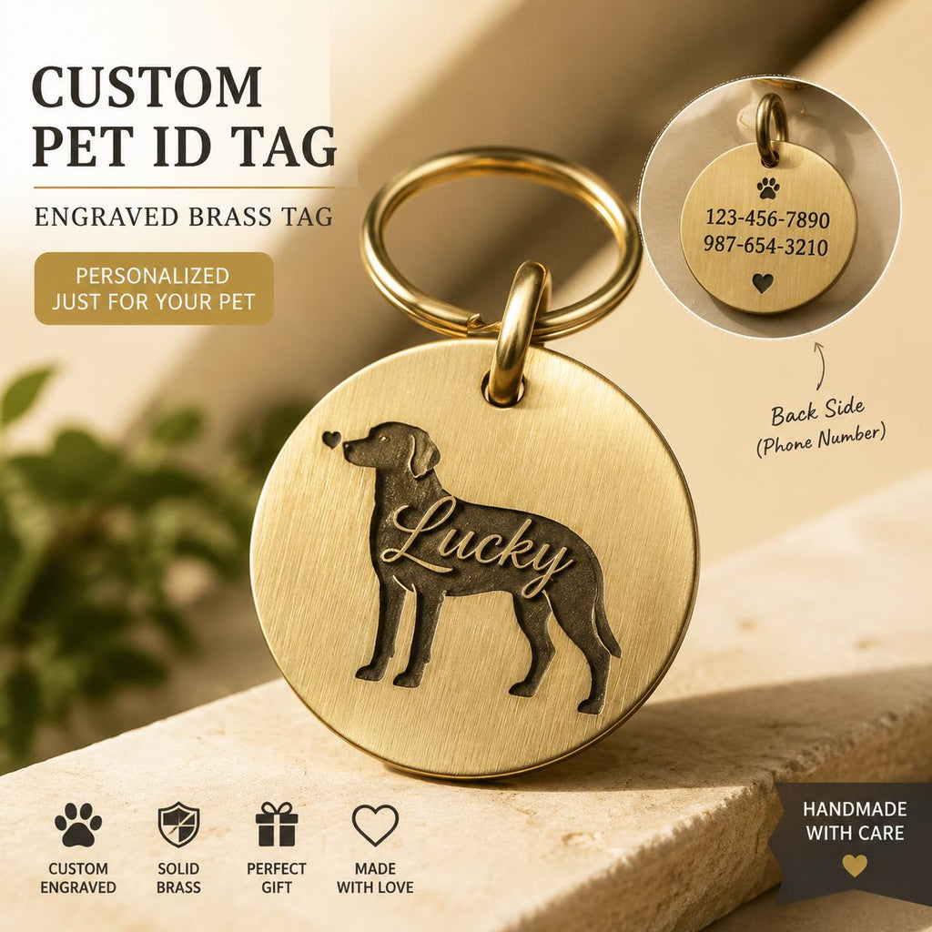 Custom Solid Brass Pet ID Tag, Silhouette Engraved Dog Cat Collar Tag
