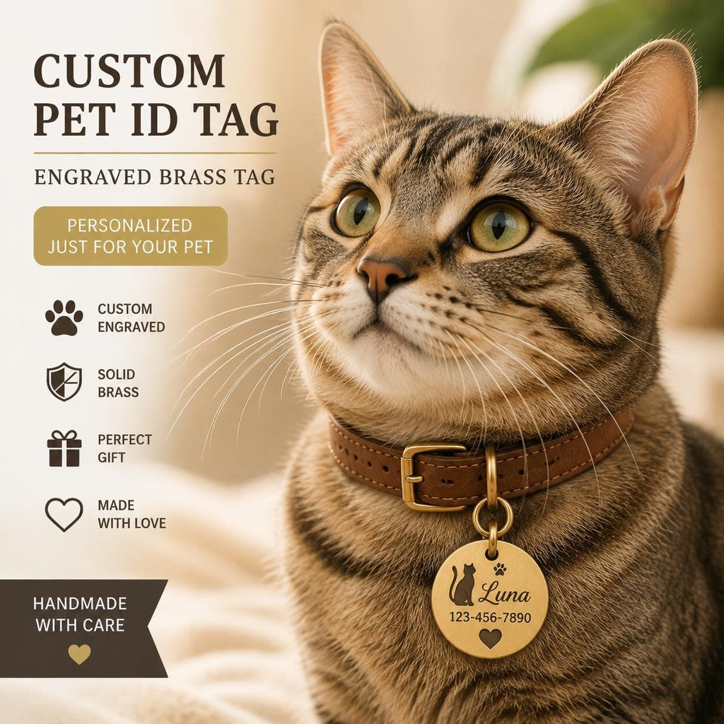 Custom Solid Brass Pet ID Tag, Silhouette Engraved Dog Cat Collar Tag