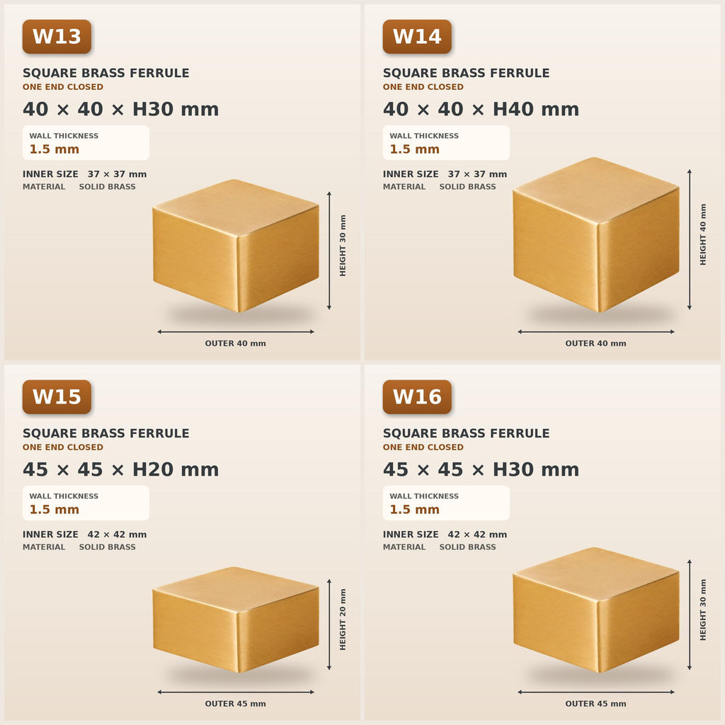 Square Solid Brass Furniture Leg Caps, Closed-End Ferrules, Custom Sizes & Engraving