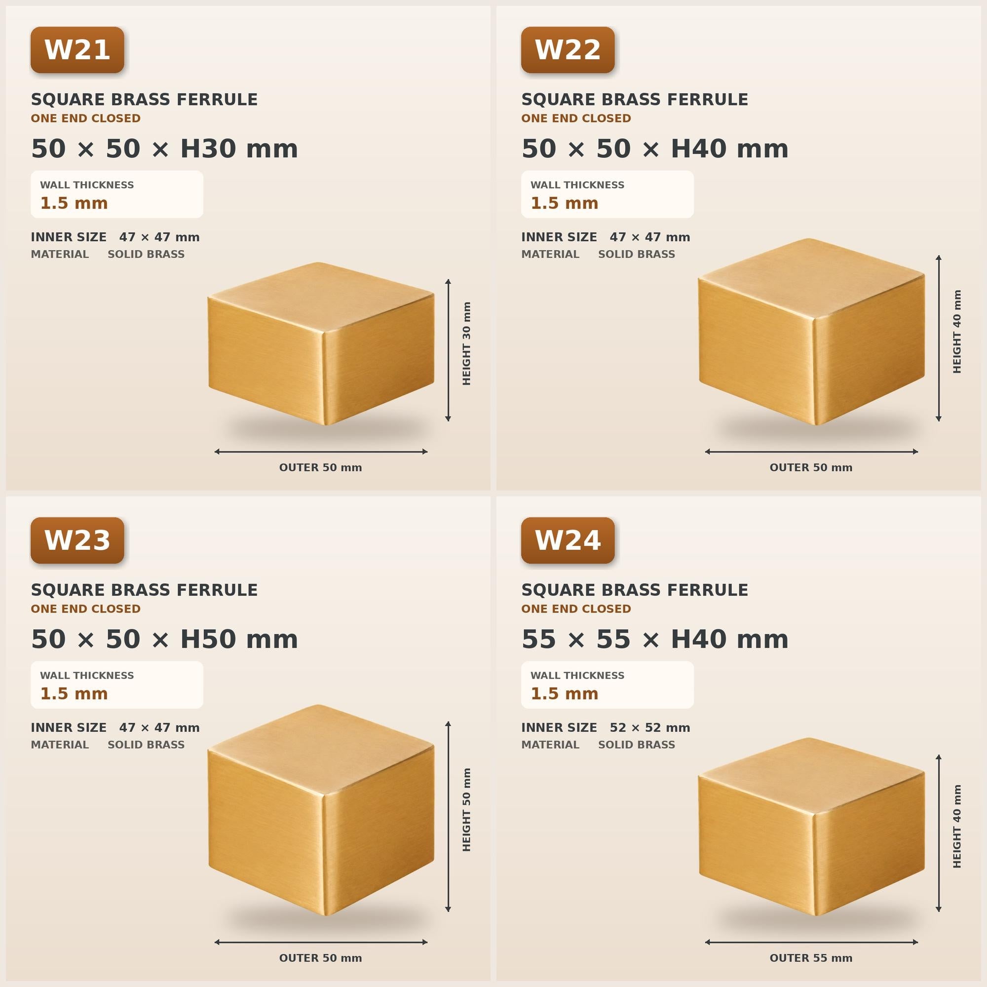 Square Solid Brass Furniture Leg Caps, Closed-End Ferrules, Custom Sizes & Engraving