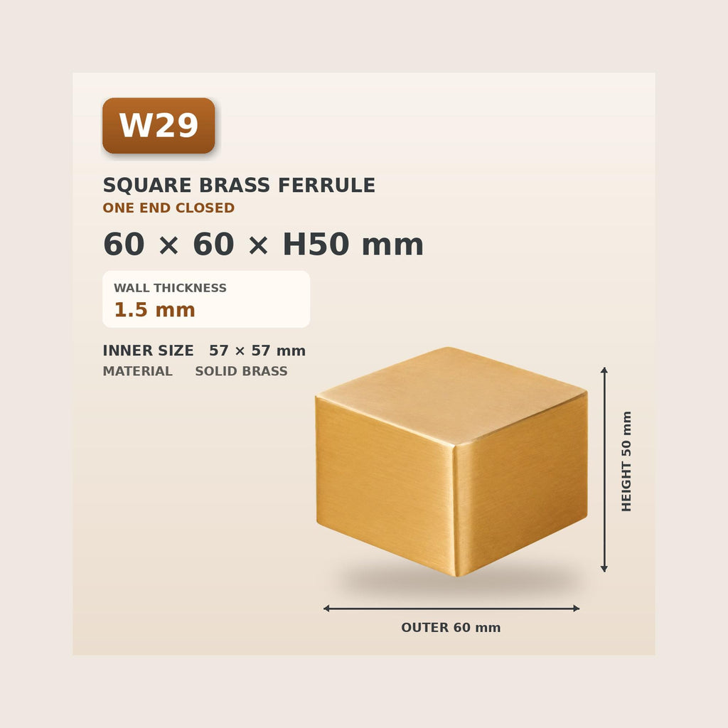 Square Solid Brass Furniture Leg Caps, Closed-End Ferrules, Custom Sizes & Engraving
