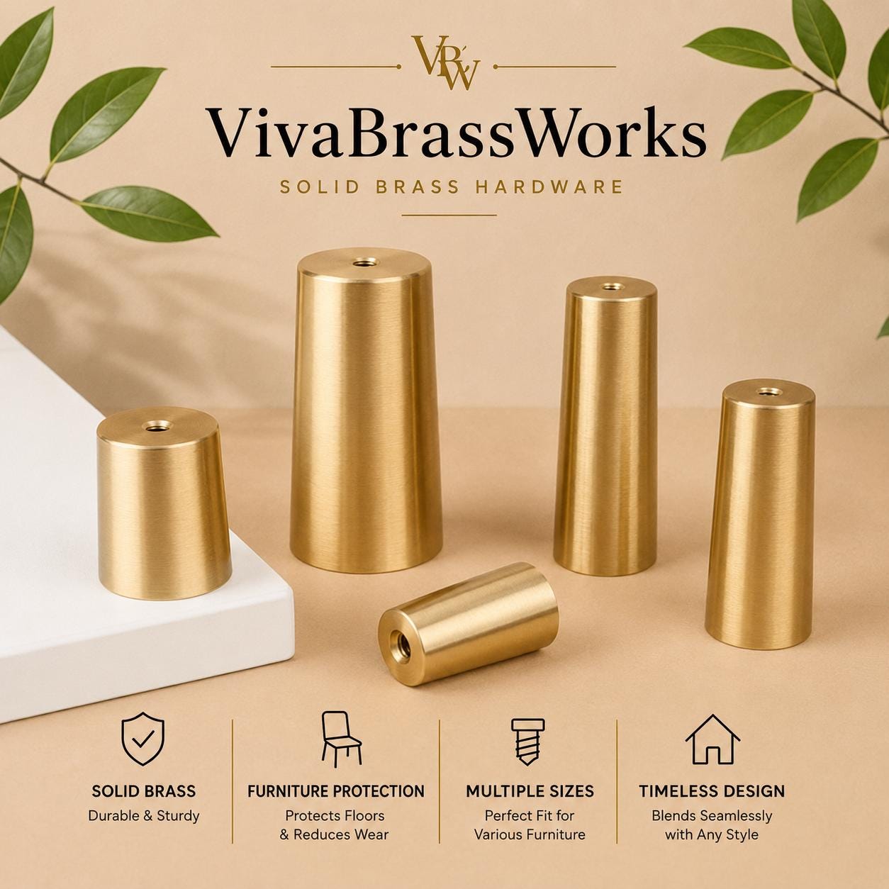 Solid Brass Tapered Furniture Leg Caps, Nordic Style Metal Feet Protectors