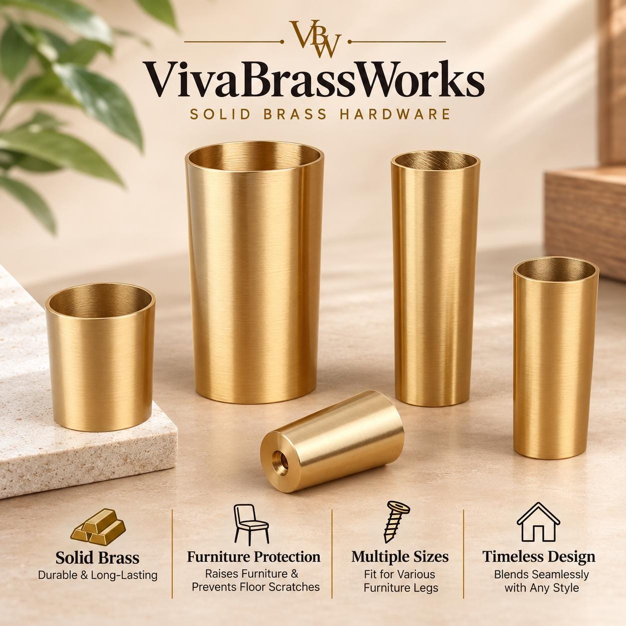 Solid Brass Tapered Furniture Leg Caps, Nordic Style Metal Feet Protectors
