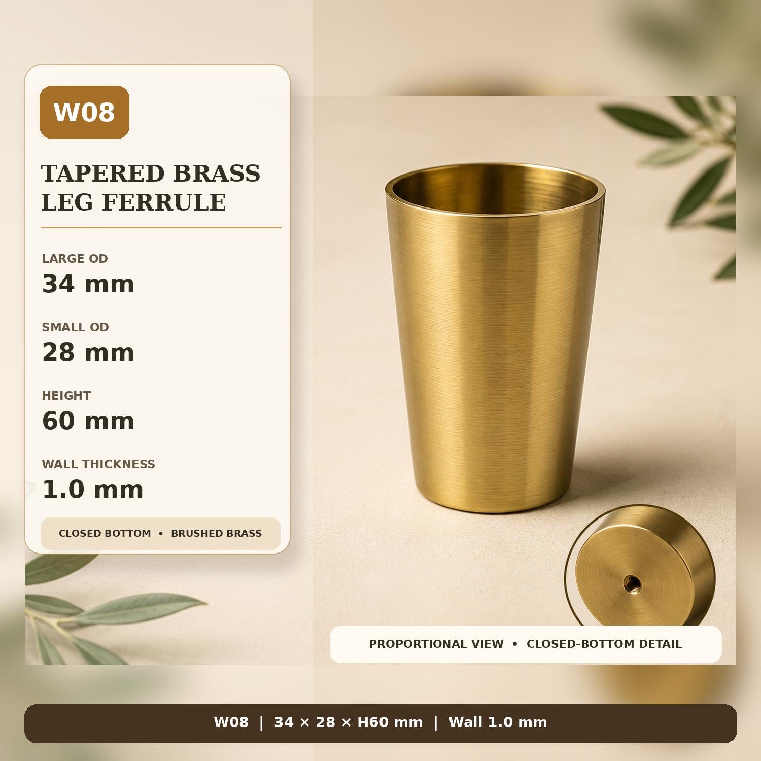 Solid Brass Tapered Furniture Leg Caps, Nordic Style Metal Feet Protectors