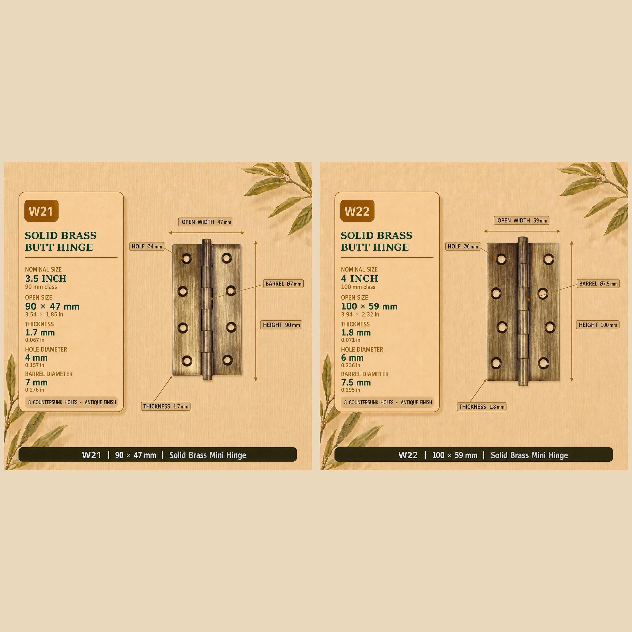 Solid Brass Butt Hinges, Steel Core Pin, Heavy Duty Cabinet Door Hardware (1-4 Inch)