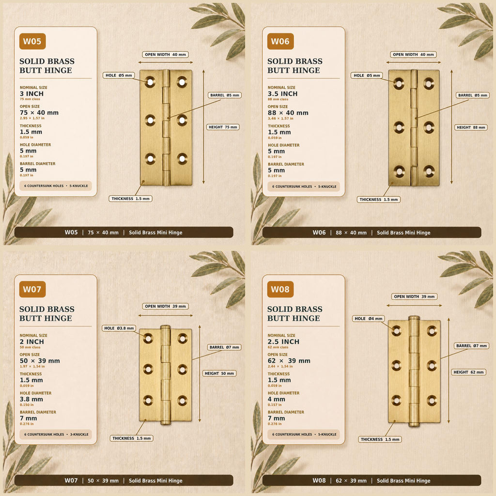 Solid Brass Butt Hinges, Steel Core Pin, Heavy Duty Cabinet Door Hardware (1-4 Inch)