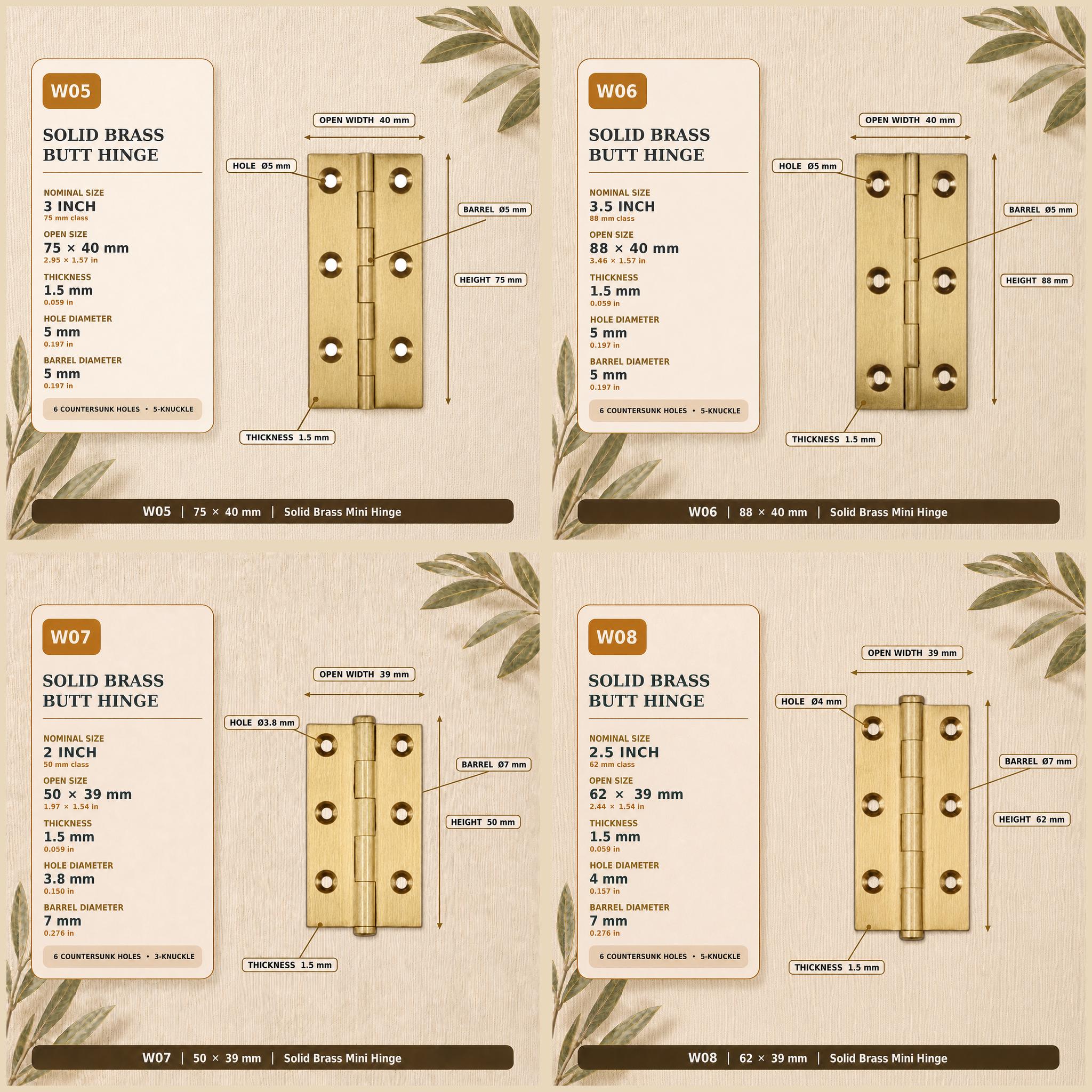 Solid Brass Butt Hinges, Steel Core Pin, Heavy Duty Cabinet Door Hardware (1-4 Inch)