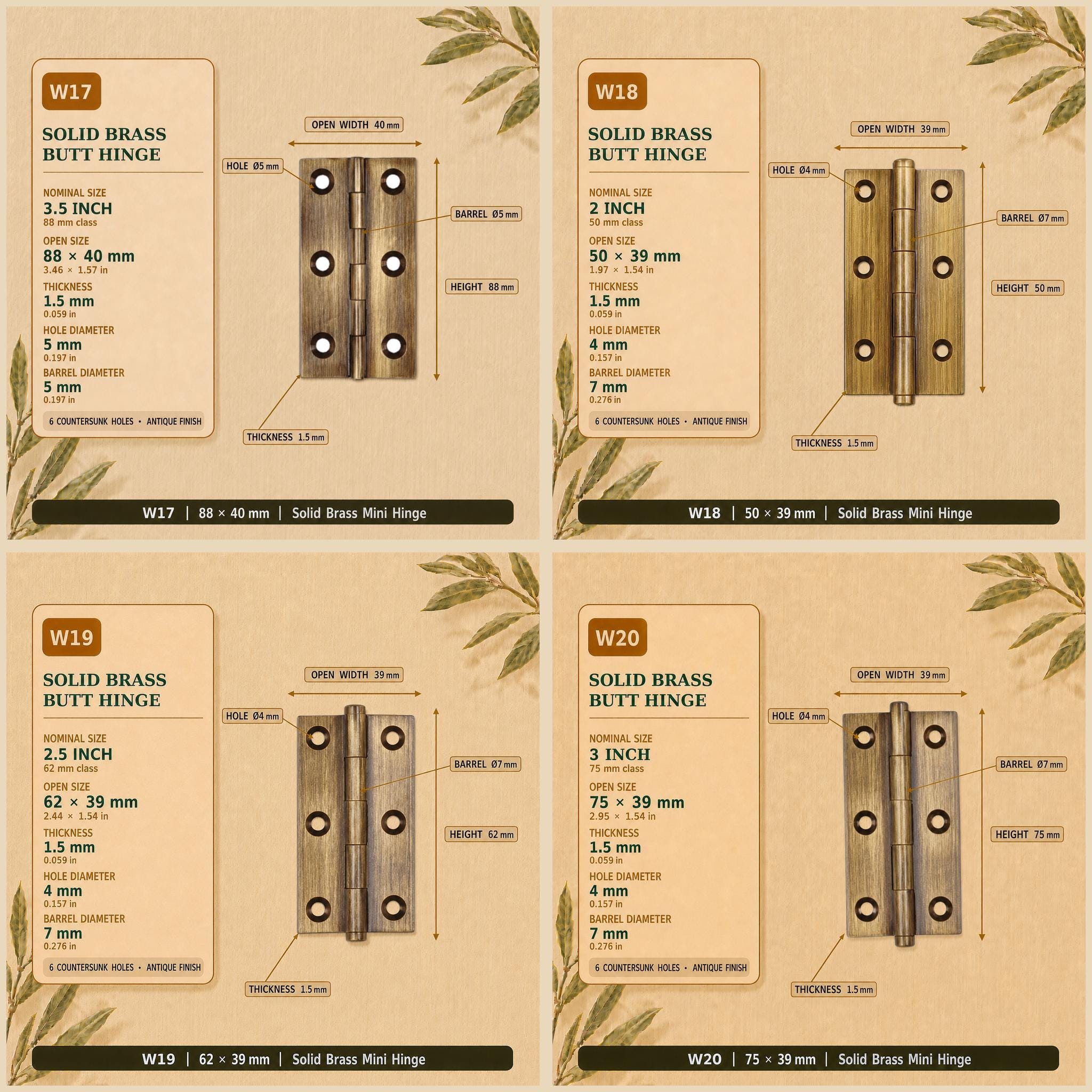 Solid Brass Butt Hinges, Steel Core Pin, Heavy Duty Cabinet Door Hardware (1-4 Inch)