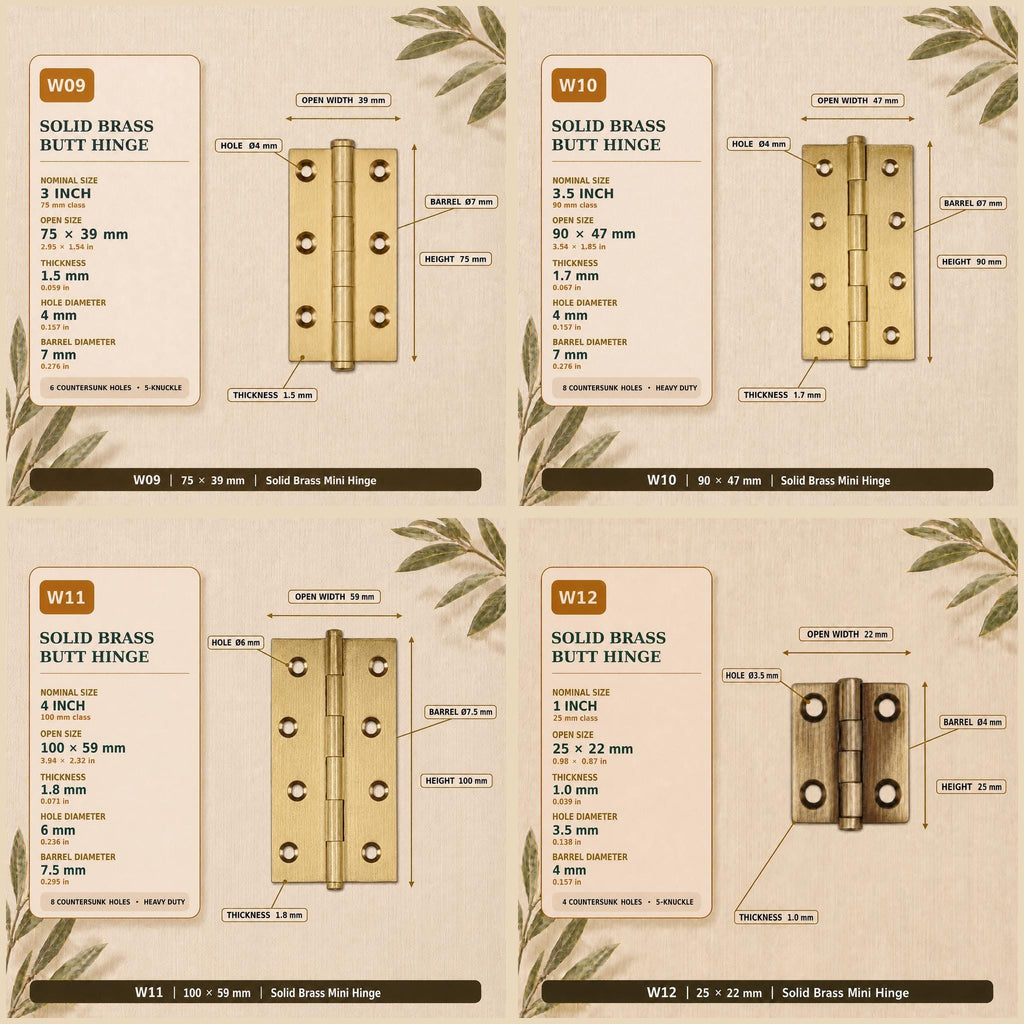 Solid Brass Butt Hinges, Steel Core Pin, Heavy Duty Cabinet Door Hardware (1-4 Inch)