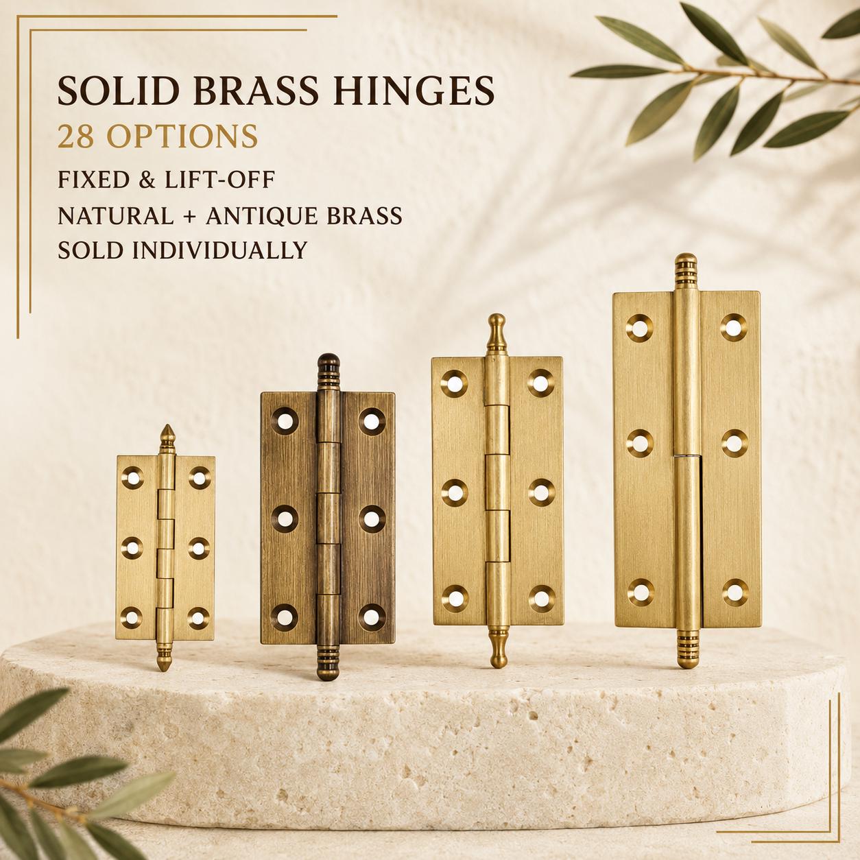 Solid Brass Crown Tip Butt Hinges, Antique Cabinet Door Hardware, Natural Brass Window Hinge