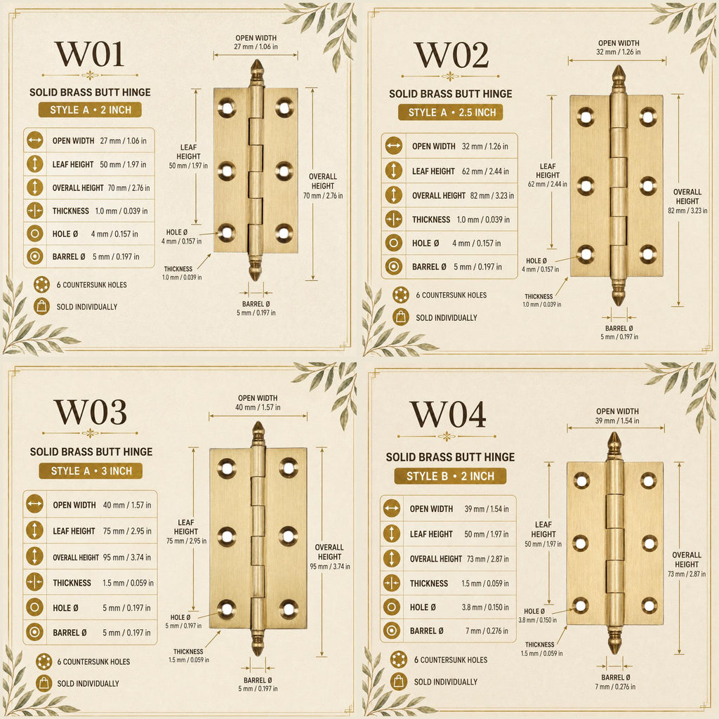 Solid Brass Crown Tip Butt Hinges, Antique Cabinet Door Hardware, Natural Brass Window Hinge