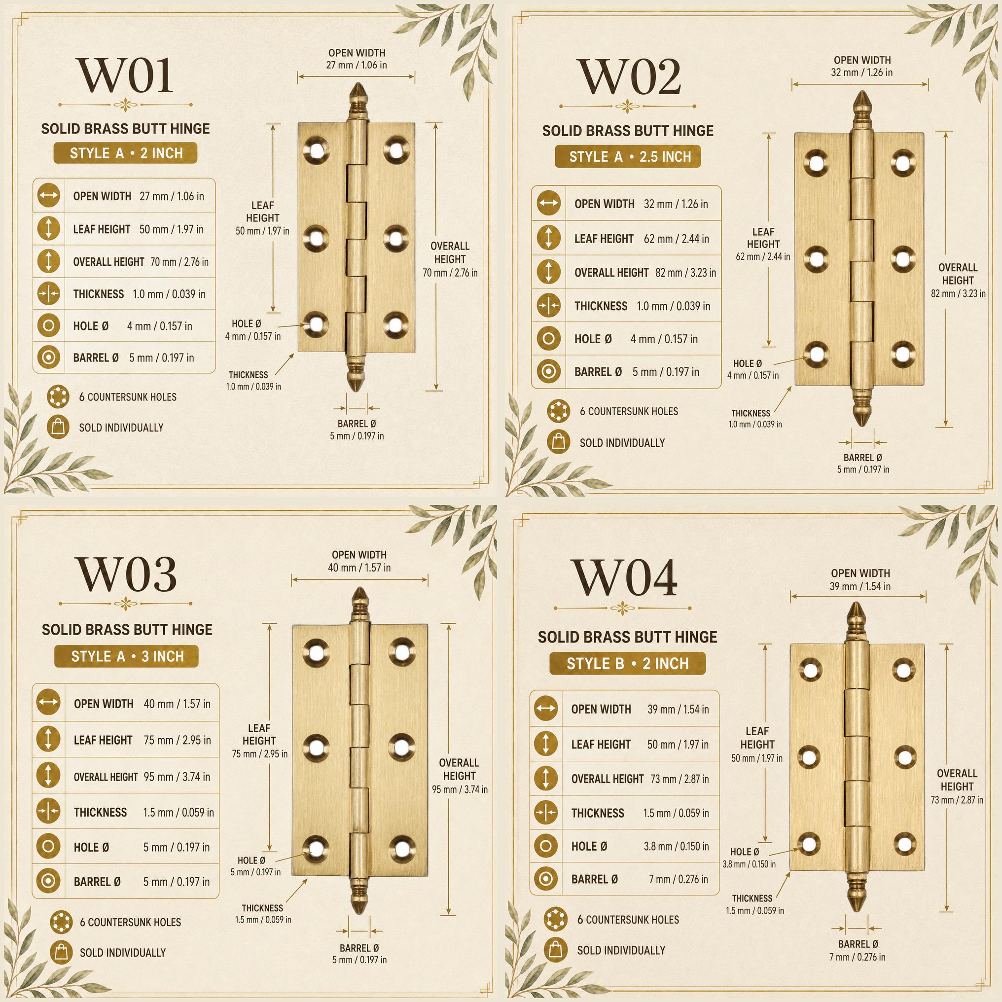 Solid Brass Crown Tip Butt Hinges, Antique Cabinet Door Hardware, Natural Brass Window Hinge