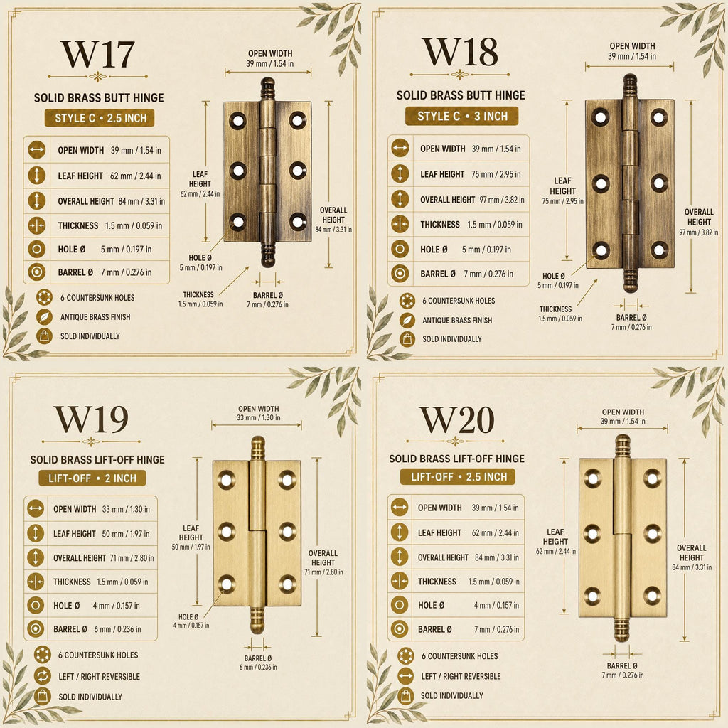 Solid Brass Crown Tip Butt Hinges, Antique Cabinet Door Hardware, Natural Brass Window Hinge