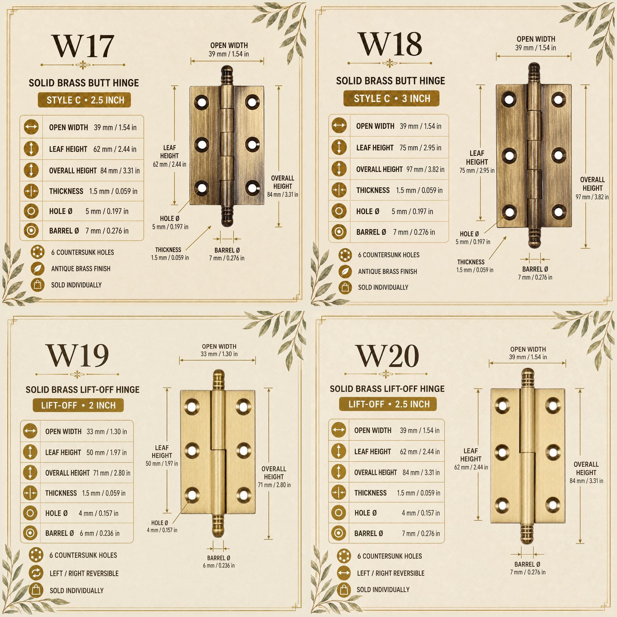 Solid Brass Crown Tip Butt Hinges, Antique Cabinet Door Hardware, Natural Brass Window Hinge