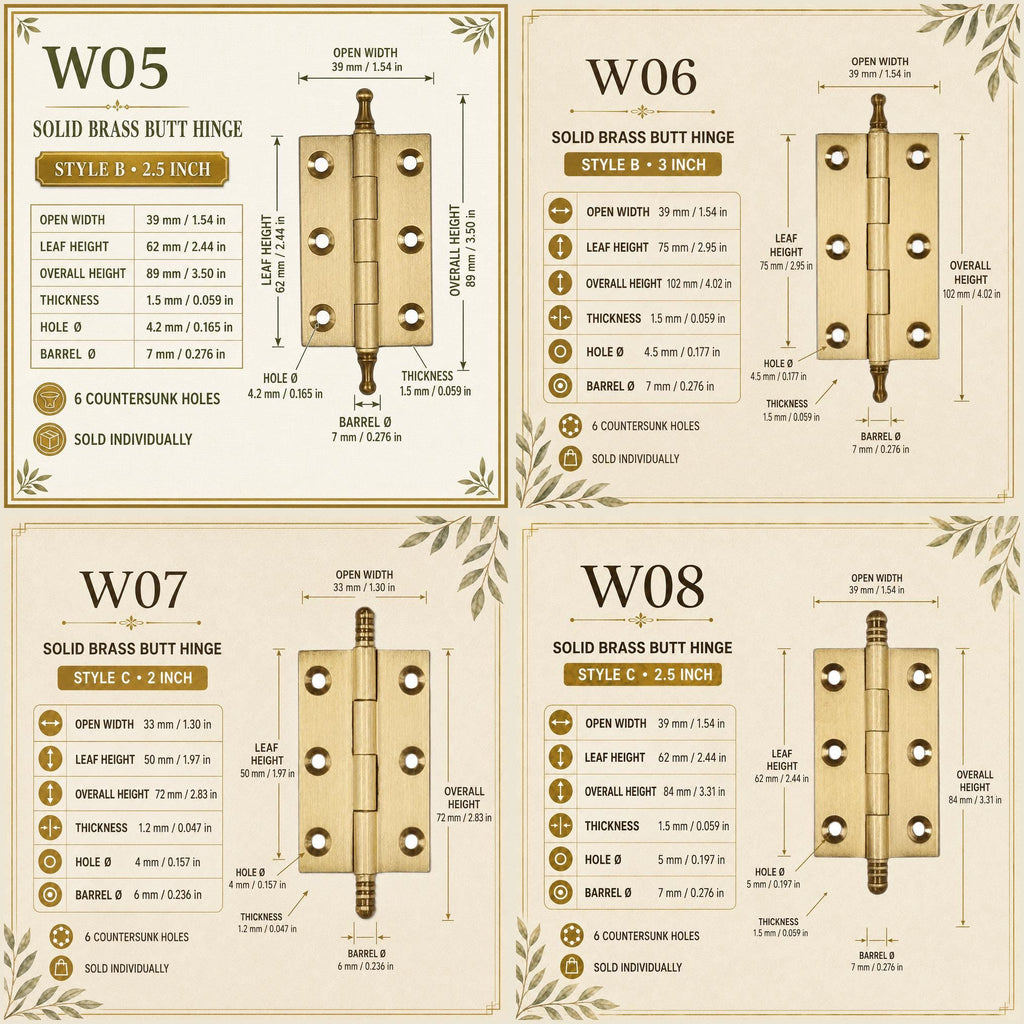 Solid Brass Crown Tip Butt Hinges, Antique Cabinet Door Hardware, Natural Brass Window Hinge