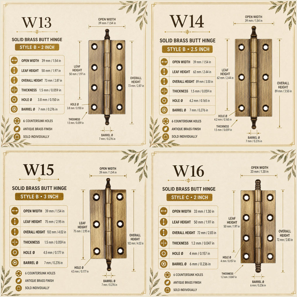 Solid Brass Crown Tip Butt Hinges, Antique Cabinet Door Hardware, Natural Brass Window Hinge