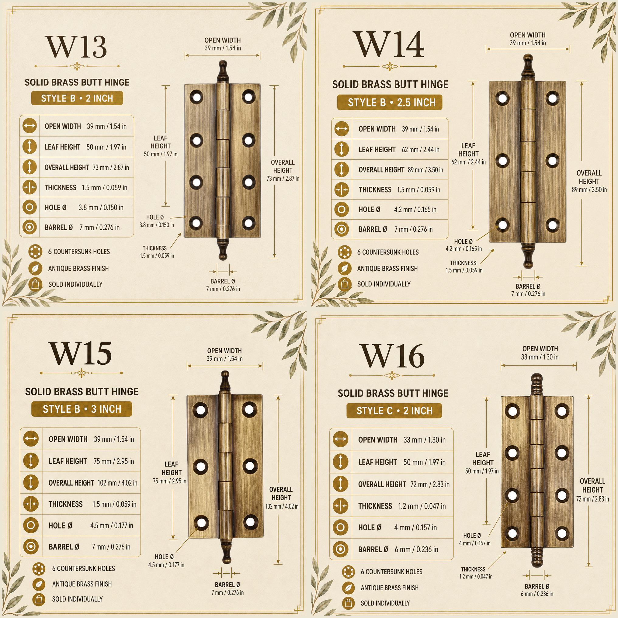 Solid Brass Crown Tip Butt Hinges, Antique Cabinet Door Hardware, Natural Brass Window Hinge