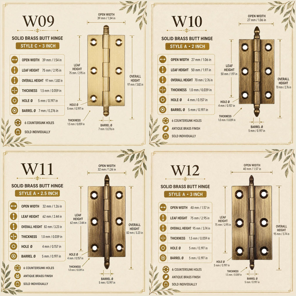 Solid Brass Crown Tip Butt Hinges, Antique Cabinet Door Hardware, Natural Brass Window Hinge