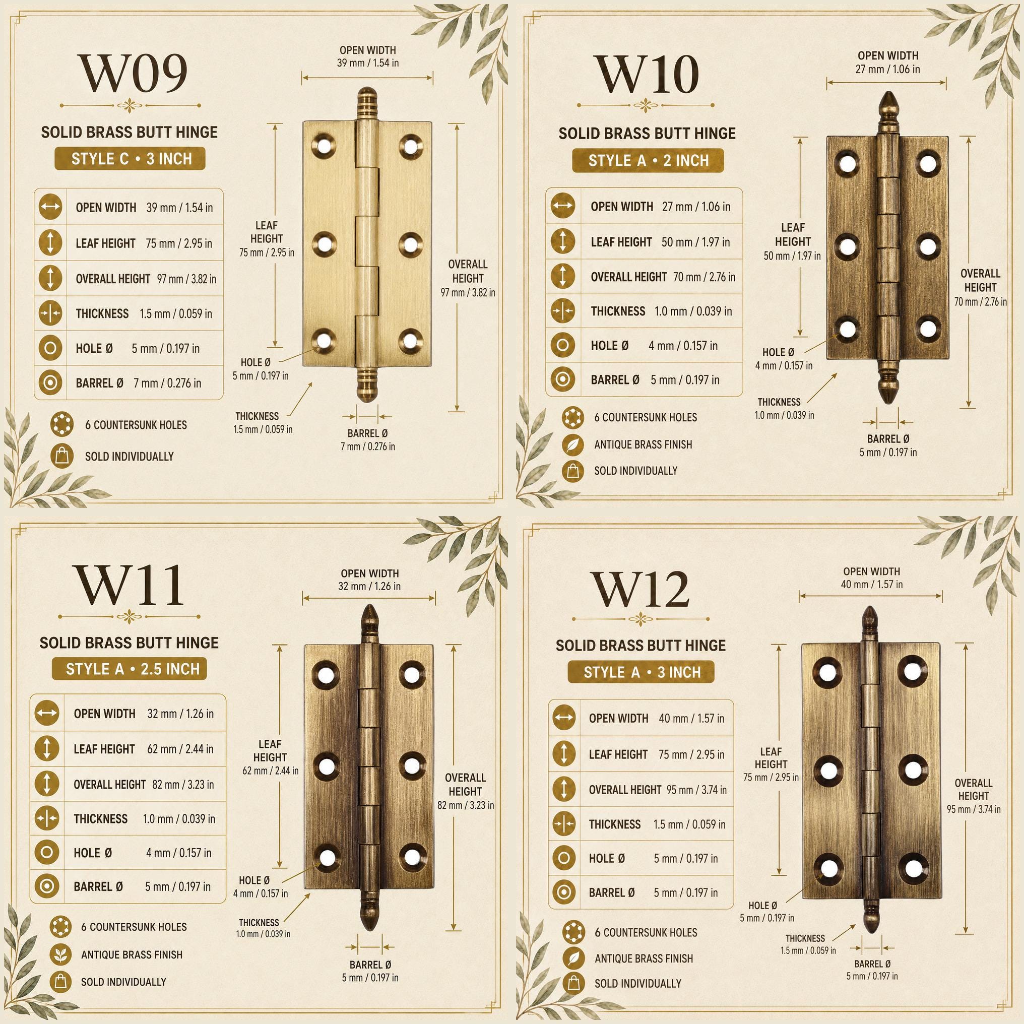 Solid Brass Crown Tip Butt Hinges, Antique Cabinet Door Hardware, Natural Brass Window Hinge