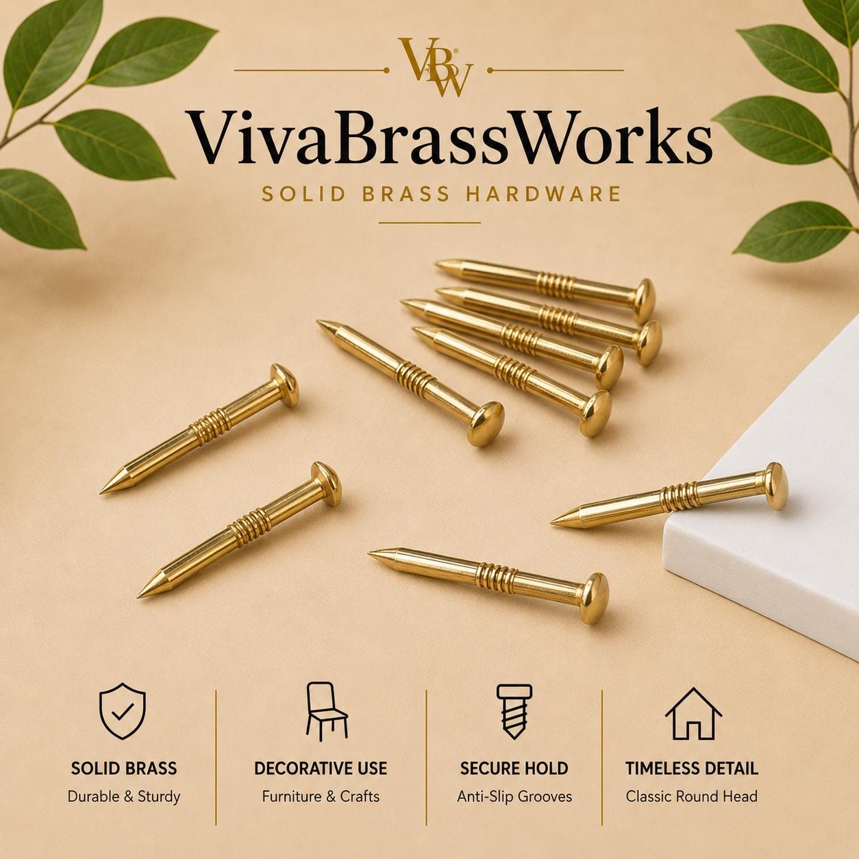 Solid Brass Decorative Nails, Round Head Furniture Tacks, Antique Gold Craft Pins
