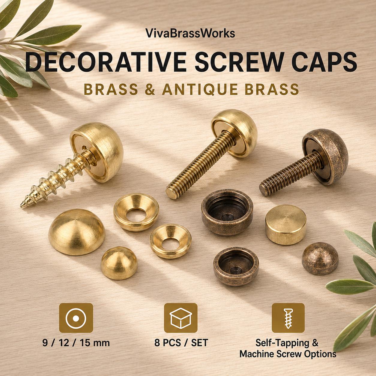 Decorative Brass Screw Caps, Mirror Furniture Fixing Covers, 8 Pcs Set
