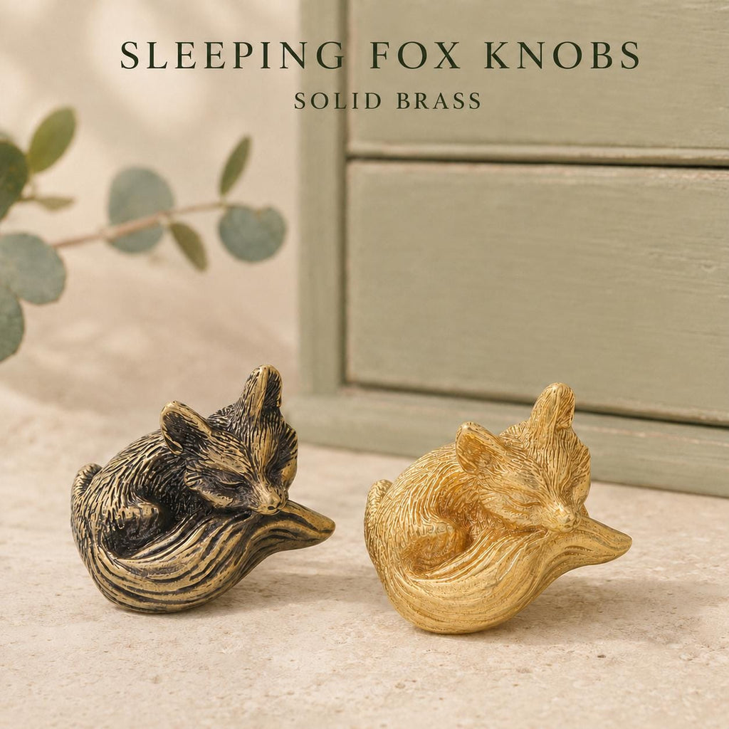 Solid Brass Sleeping Fox Cabinet Knob, Woodland Nursery Dresser Handle, Antique Brass
