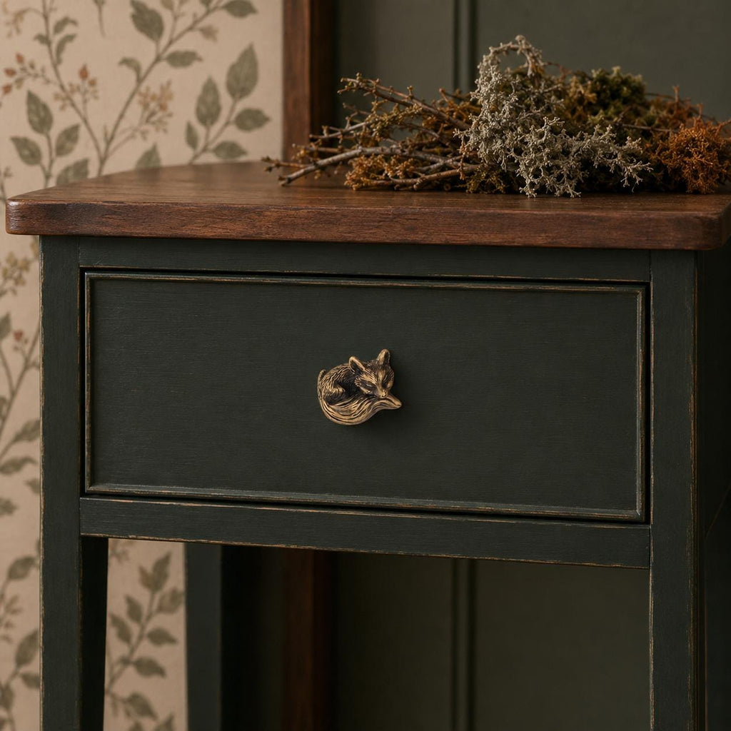 Solid Brass Sleeping Fox Cabinet Knob, Woodland Nursery Dresser Handle, Antique Brass
