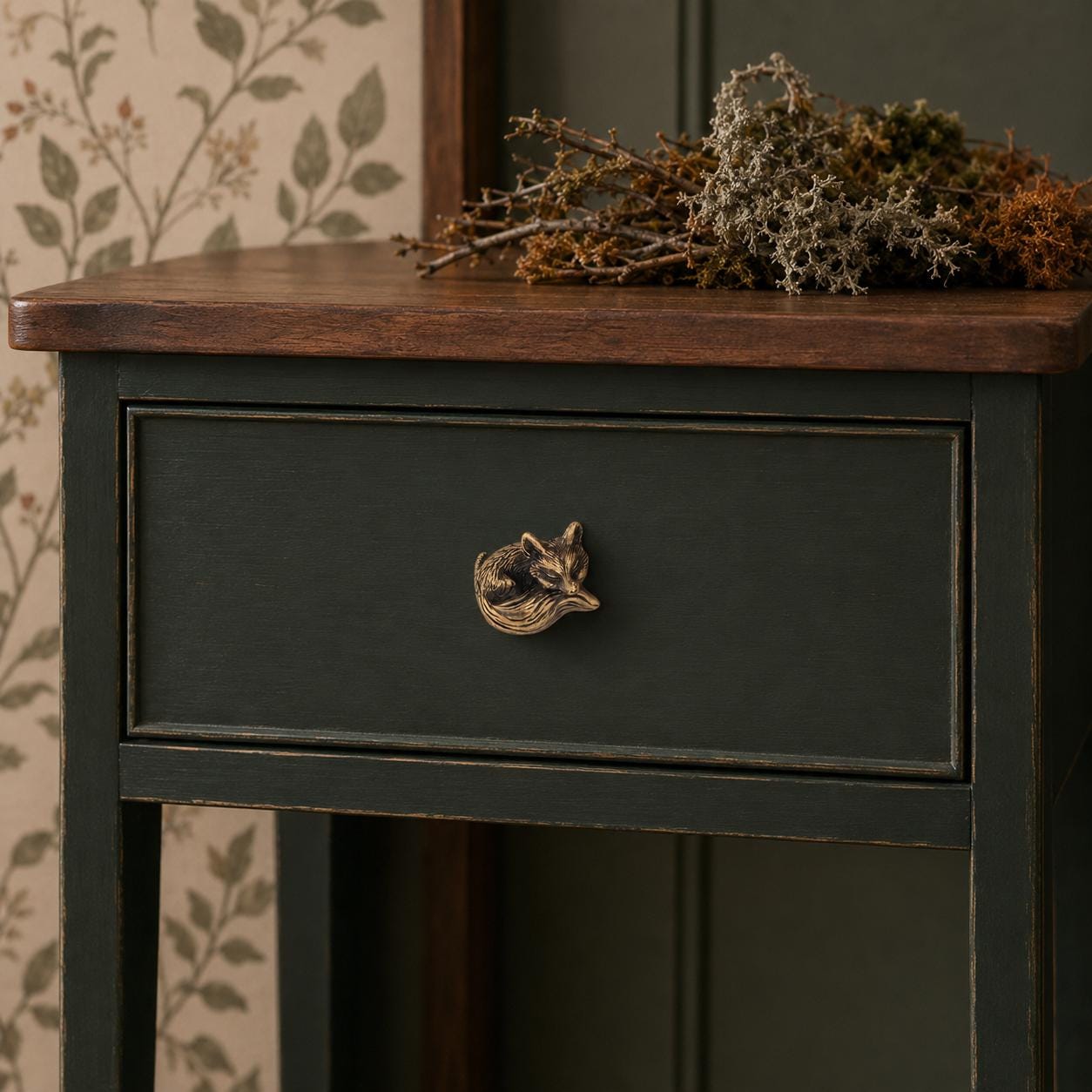 Solid Brass Sleeping Fox Cabinet Knob, Woodland Nursery Dresser Handle, Antique Brass