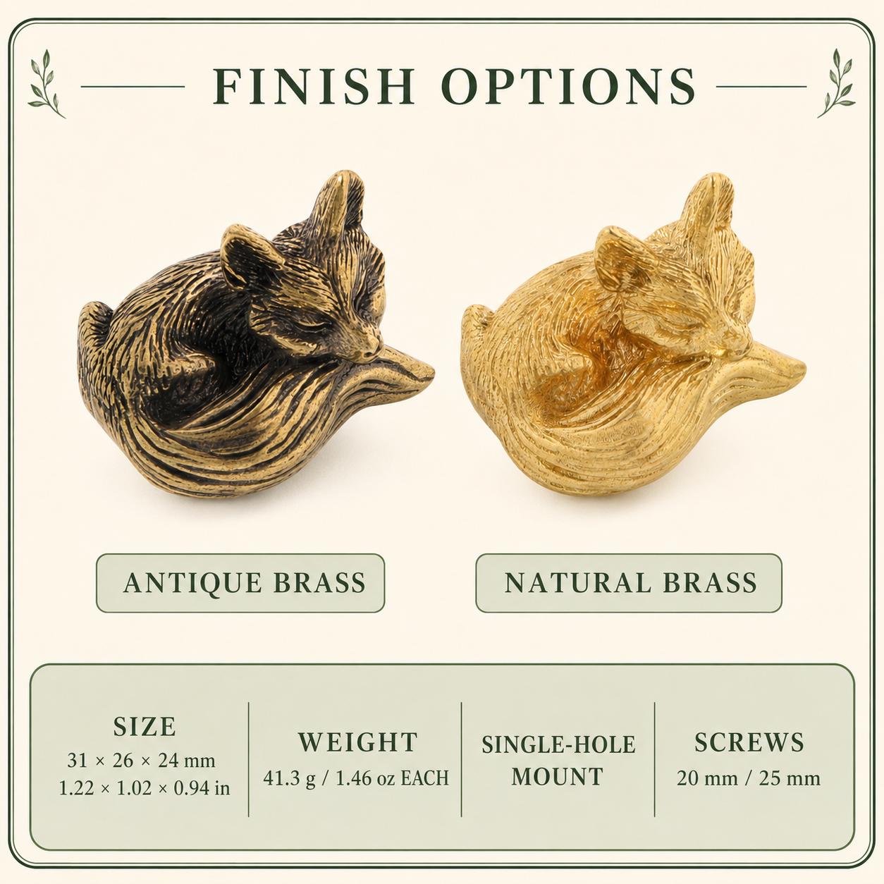 Solid Brass Sleeping Fox Cabinet Knob, Woodland Nursery Dresser Handle, Antique Brass