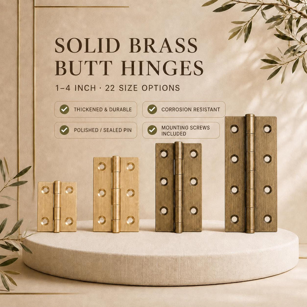 Solid Brass Butt Hinges, Steel Core Pin, Heavy Duty Cabinet Door Hardware (1-4 Inch)