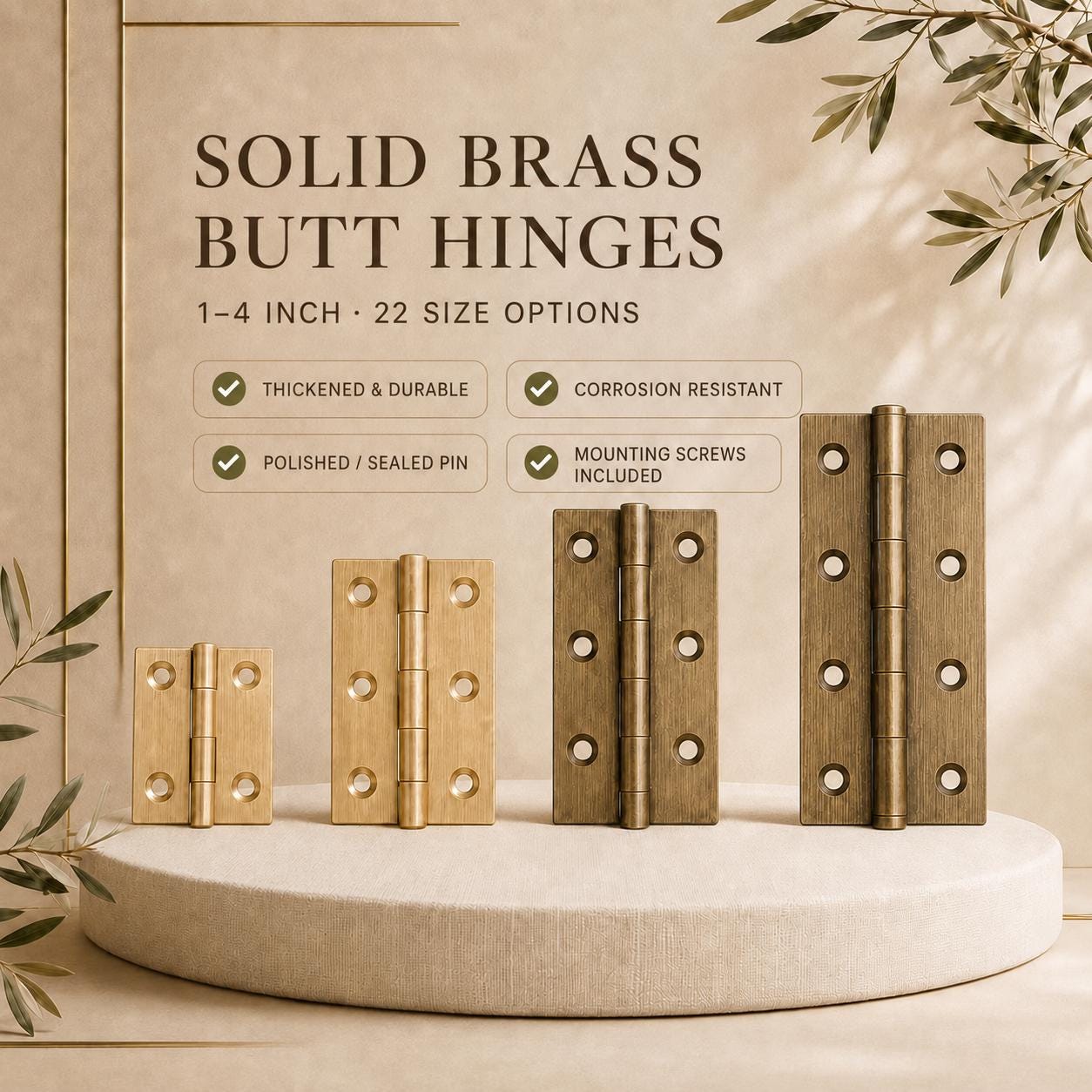 Solid Brass Butt Hinges, Steel Core Pin, Heavy Duty Cabinet Door Hardware (1-4 Inch)