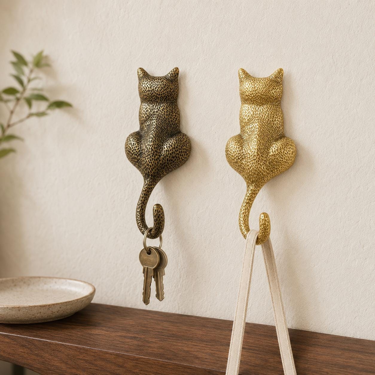 Solid Brass Cat Tail Wall Hook, Vintage Animal Coat Hanger, Decorative Entryway Storage
