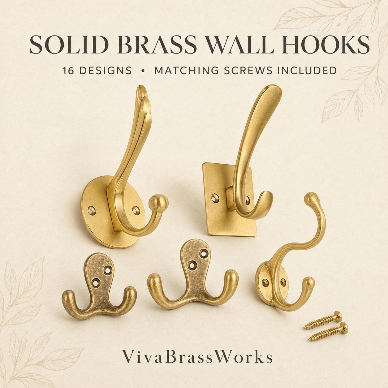Solid Brass Wall Hooks, Vintage Coat Hat Hanger, Entryway Bathroom Closet