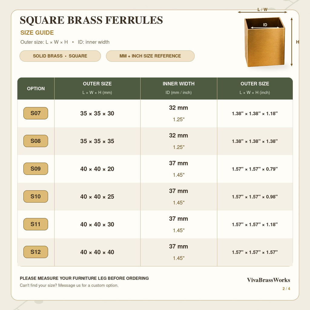 Solid Brass Square Furniture Ferrules, Table Leg Caps, Brushed Metal Feet Protectors