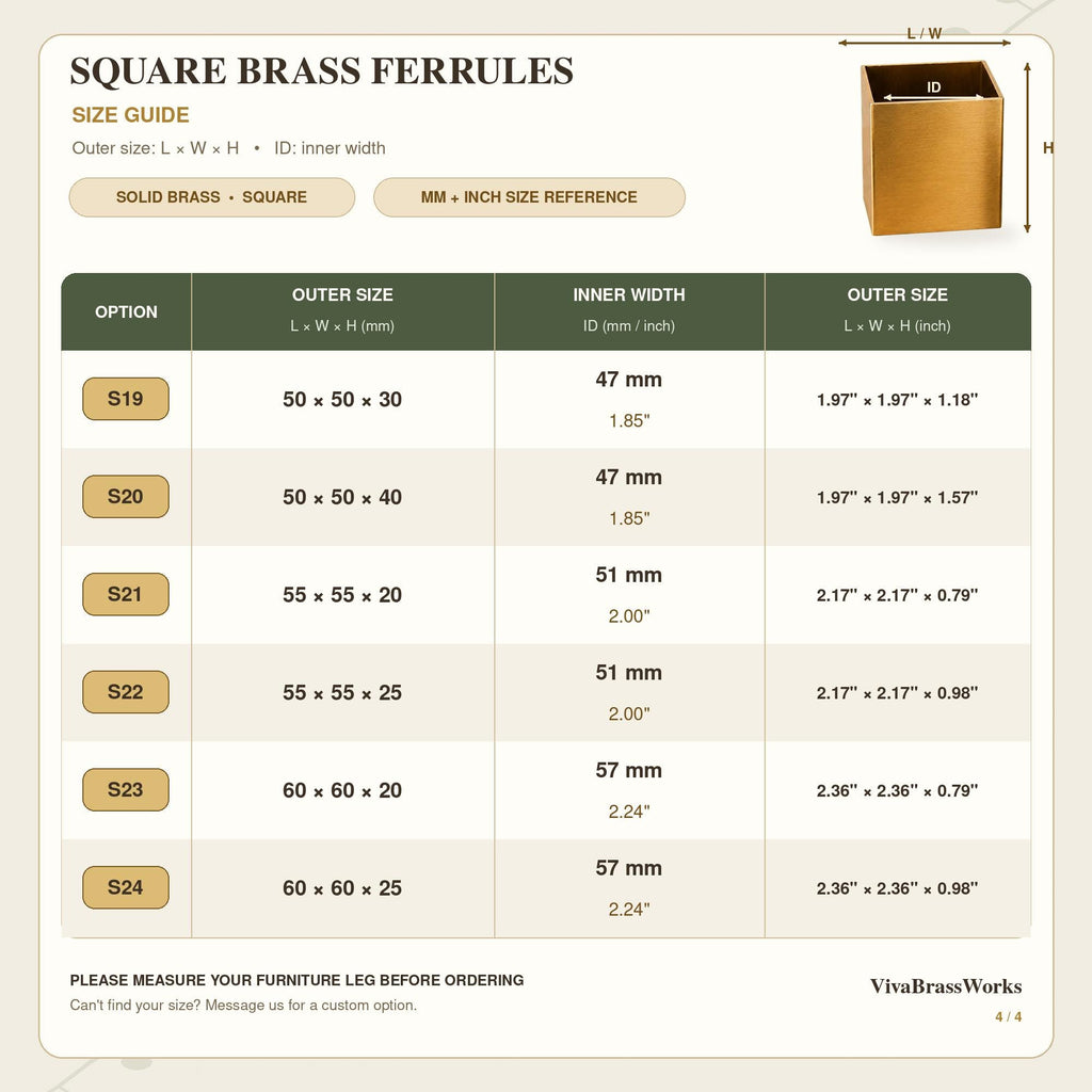 Solid Brass Square Furniture Ferrules, Table Leg Caps, Brushed Metal Feet Protectors