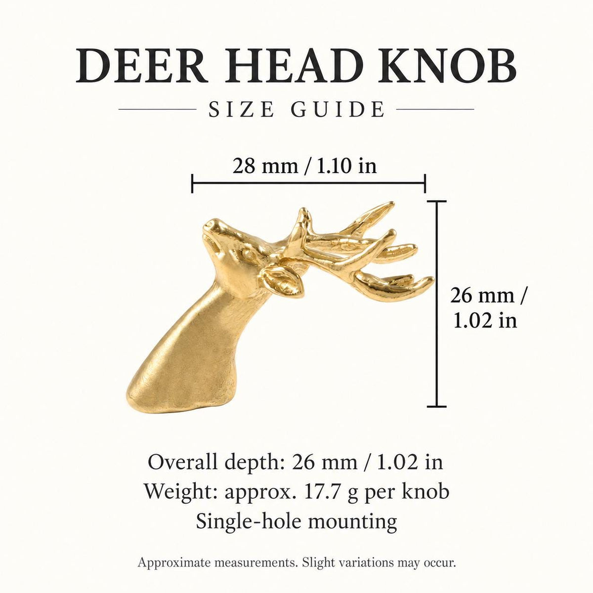 Brass Deer Head Cabinet Knobs, Woodland Animal Drawer Pulls, Gold or Antique Brass Furniture Hardware