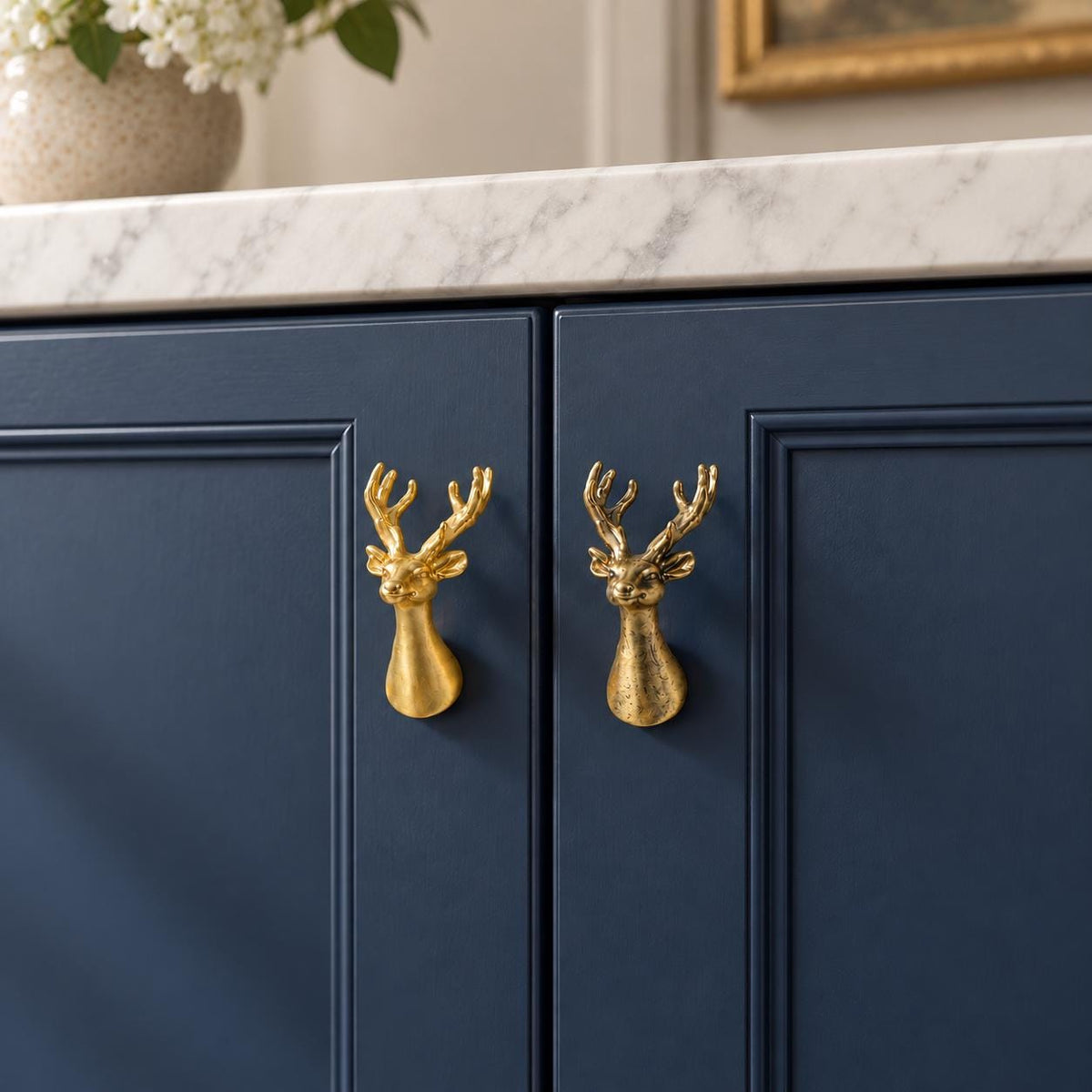 Brass Deer Head Cabinet Knobs, Woodland Animal Drawer Pulls, Gold or Antique Brass Furniture Hardware